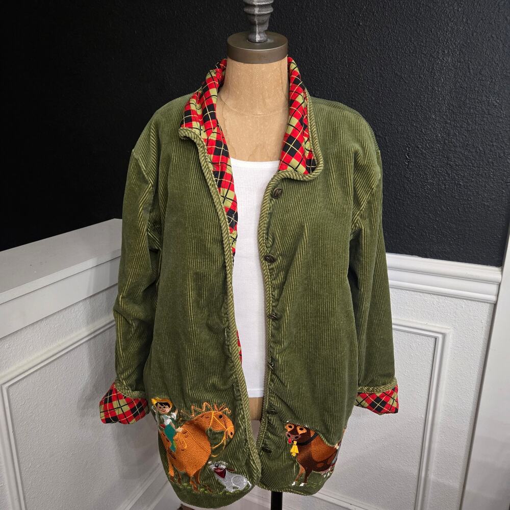 VTG Bob Mackie Wearable Art Large Corduroy Plaid Embroidered Farm Jacket